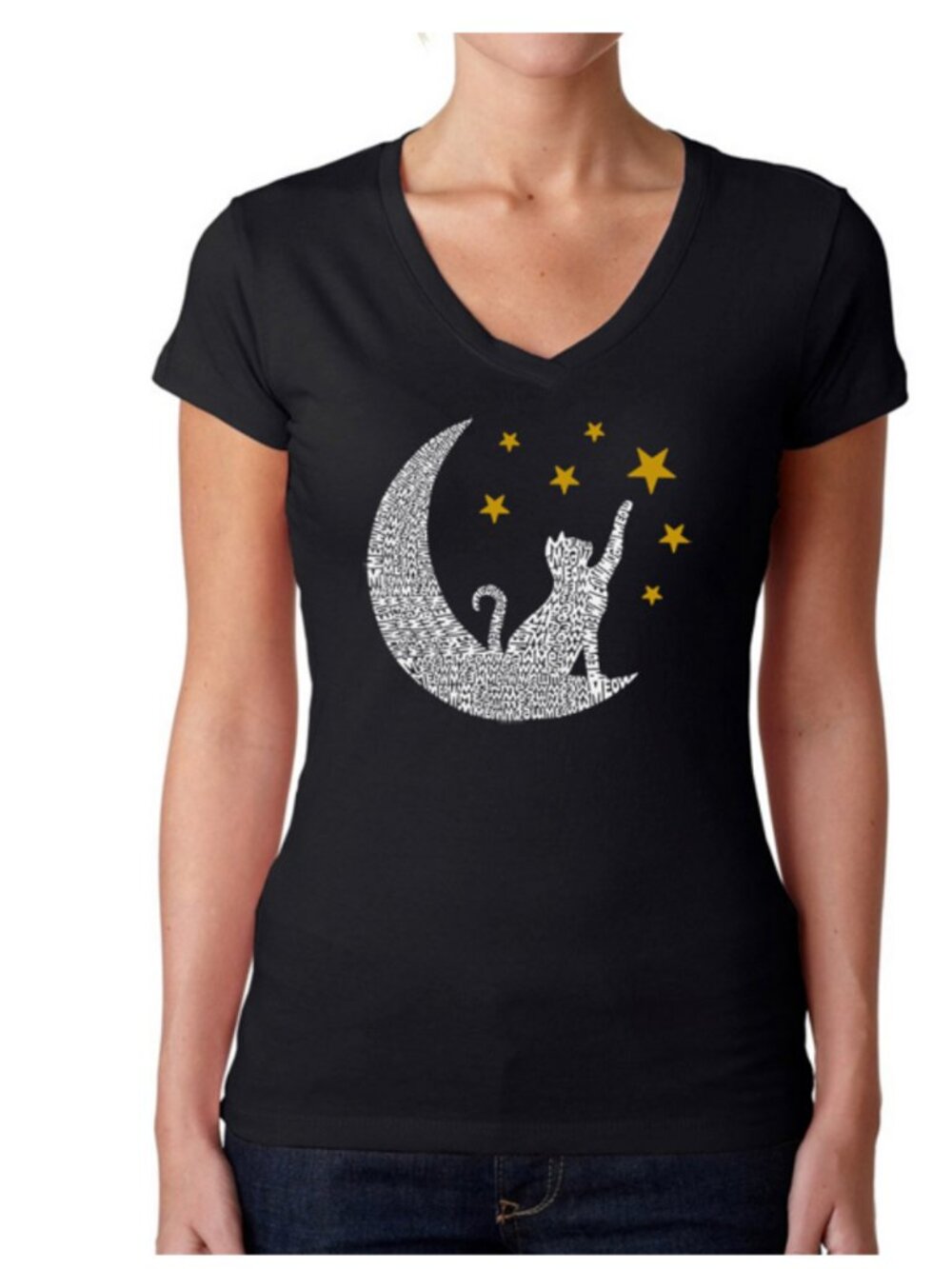 LA Pop Art Cat With Moon Graphic T-Shirt XL Black Cat Celestial Tee
